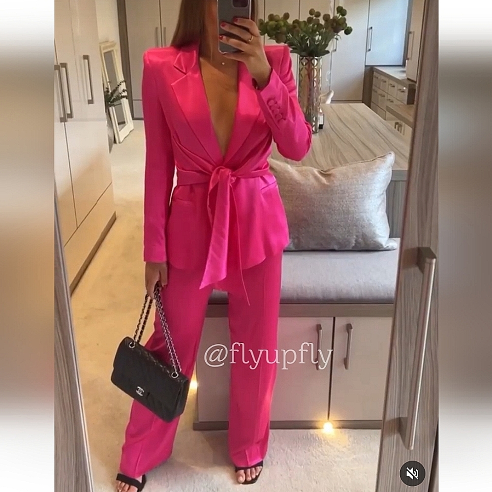 Zara MATCHING SET TIED SATIN EFFECT BLAZER (S) BARBIE PINK AND PANTS (XS)